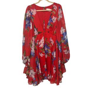 ASOS Design 16 Curve Red Floral Dress Chiffon Long Sleeve Flutter Whimsical